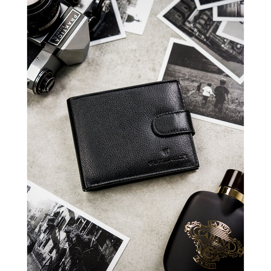 Klasyczny, czarny portfel męski ze skóry naturalnej zamykany zatrzaskiem - Peterson