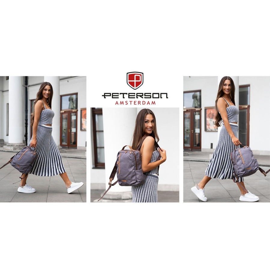 Plecak damski w szarym kolorze, zawieszony na regulowanych szelkach i zamykany suwakiem - Peterson
