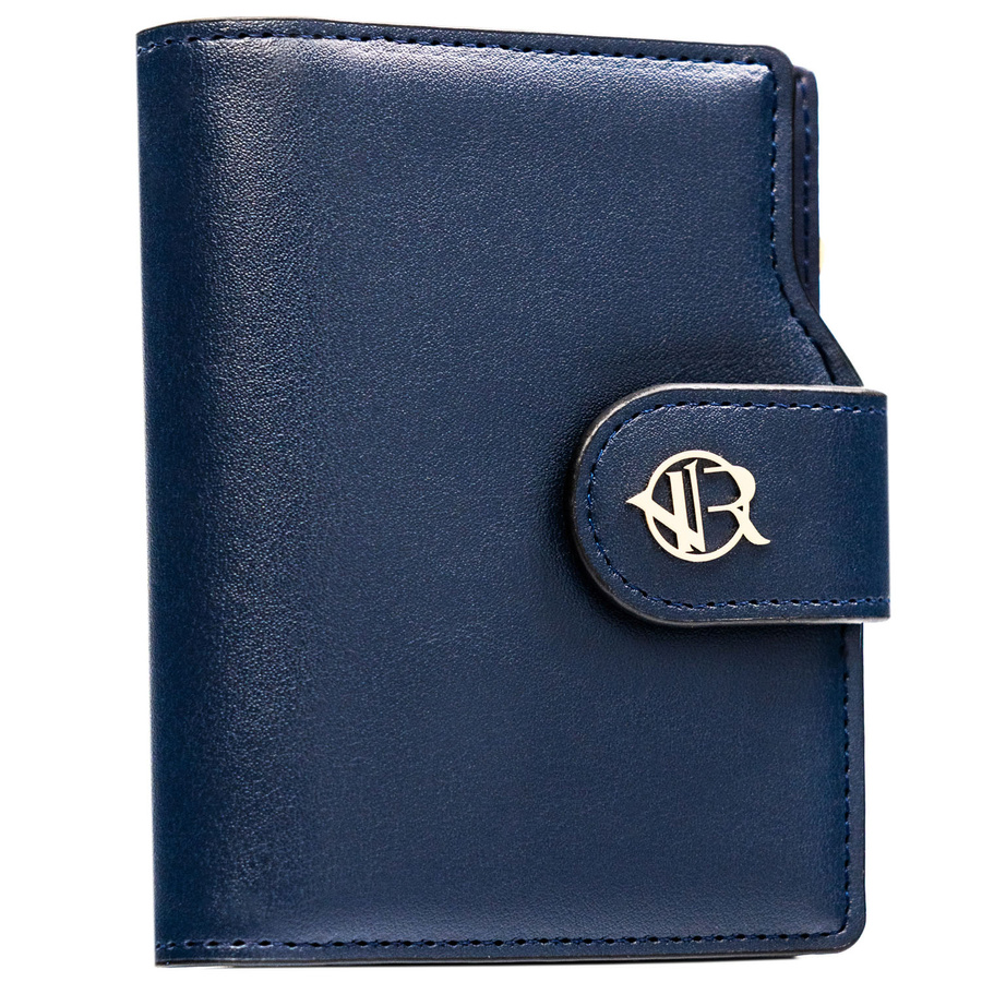 Granatowy portfel damski ze skóry ekologicznej zamykany na zatrzask i suwak - Rovicky