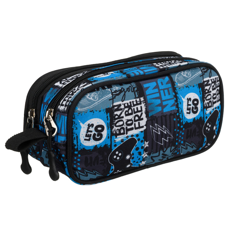 Szkolny piórnik  z poliestru zapinany suwakami, pokryty gamingowym wzorem - Peterson