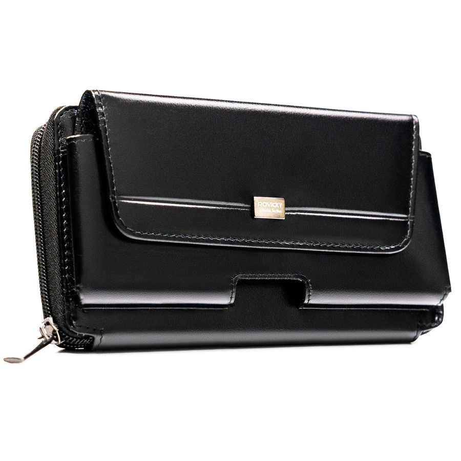 Skórzana, dwukomorowa, czarna saszetka męska z systemem RFID - Rovicky