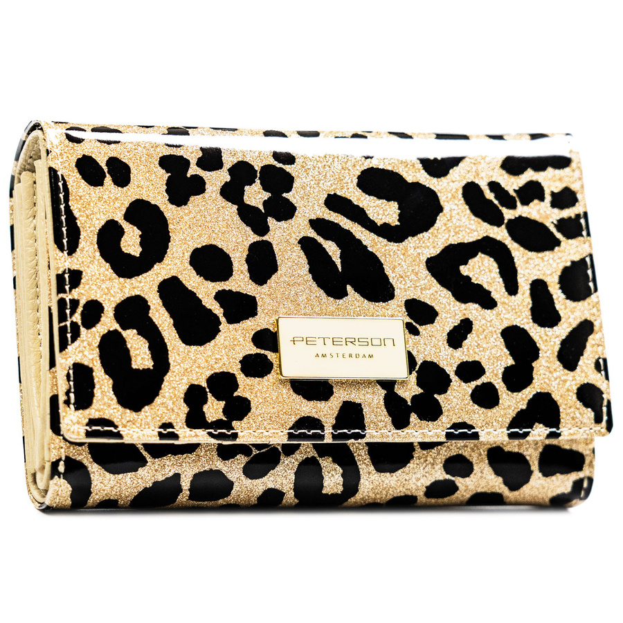 Portfel damski ze skóry ekologicznej i naturalnej w złotym kolorze z kieszenią zewnętrzną - Peterson
