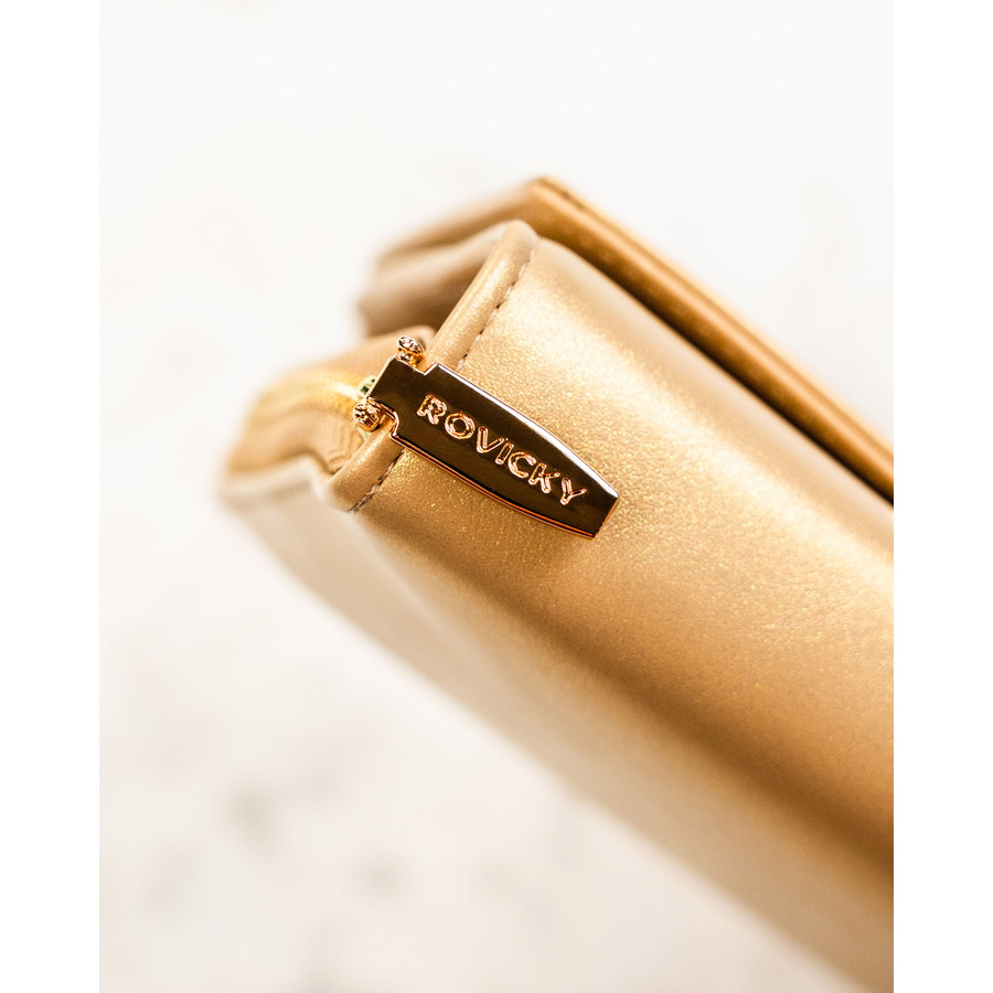 Średni, ciemnobeżowy portfel damski ze skóry ekologicznej, model mieszczący dowód rejestracyjny - Rovicky