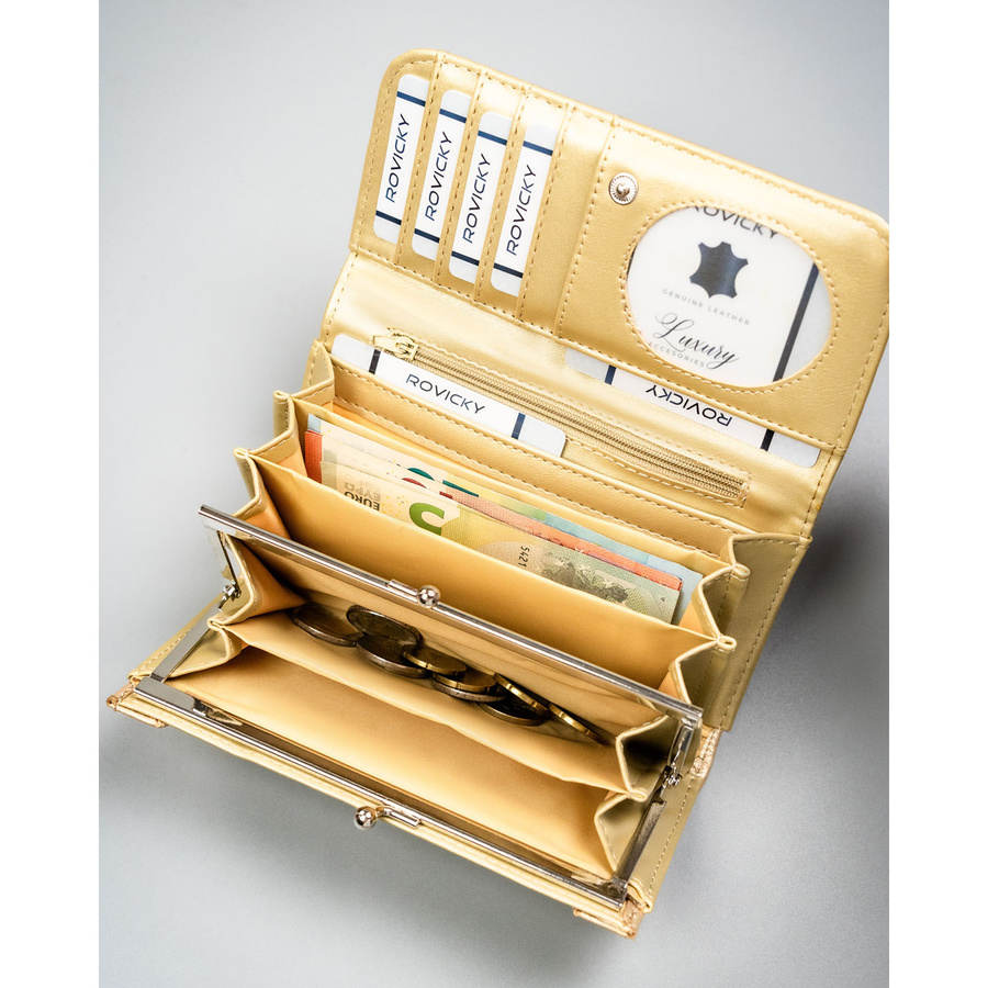 Duży, złoty portfel damski ze skóry ekologicznej zamykany zatrzaskiem - 4U Cavaldi