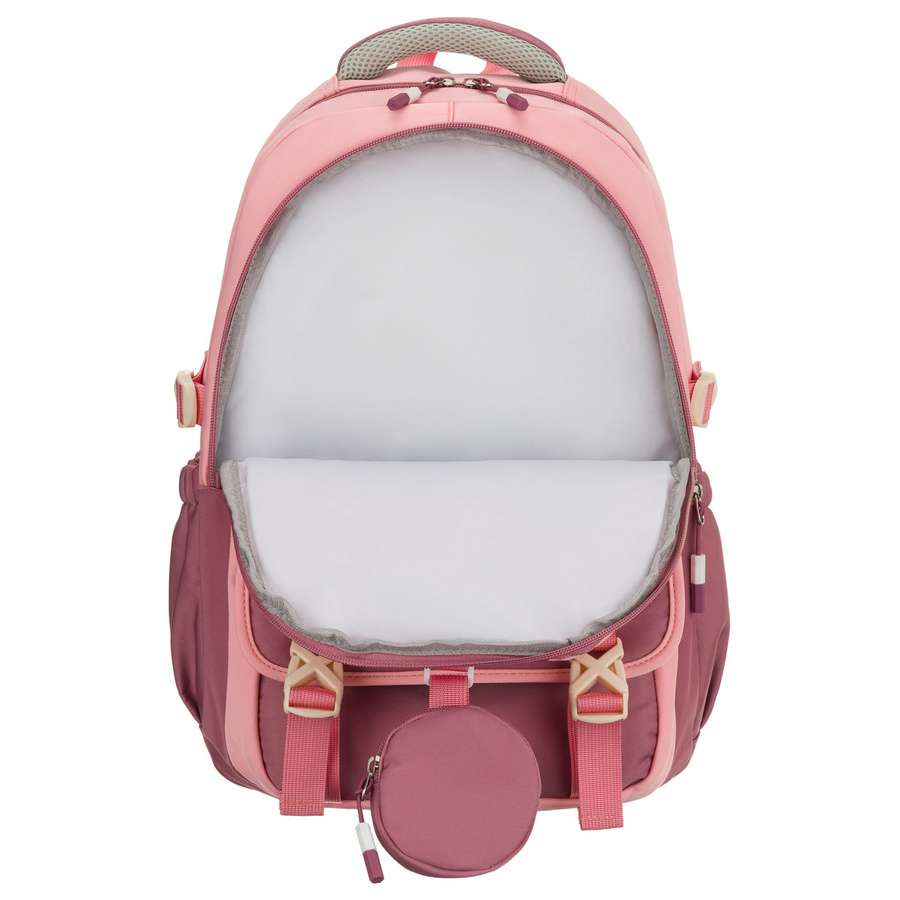 Pojemny plecak szkolny z poliestru w różowym kolorze zawieszony na regulowanych szelkach - Peterson