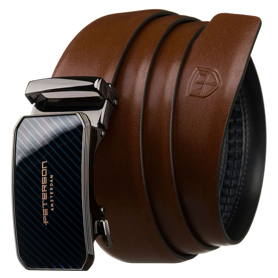Skórzany pasek męski w brązowym kolorze z automatyczną, srebrną klamrą - Peterson