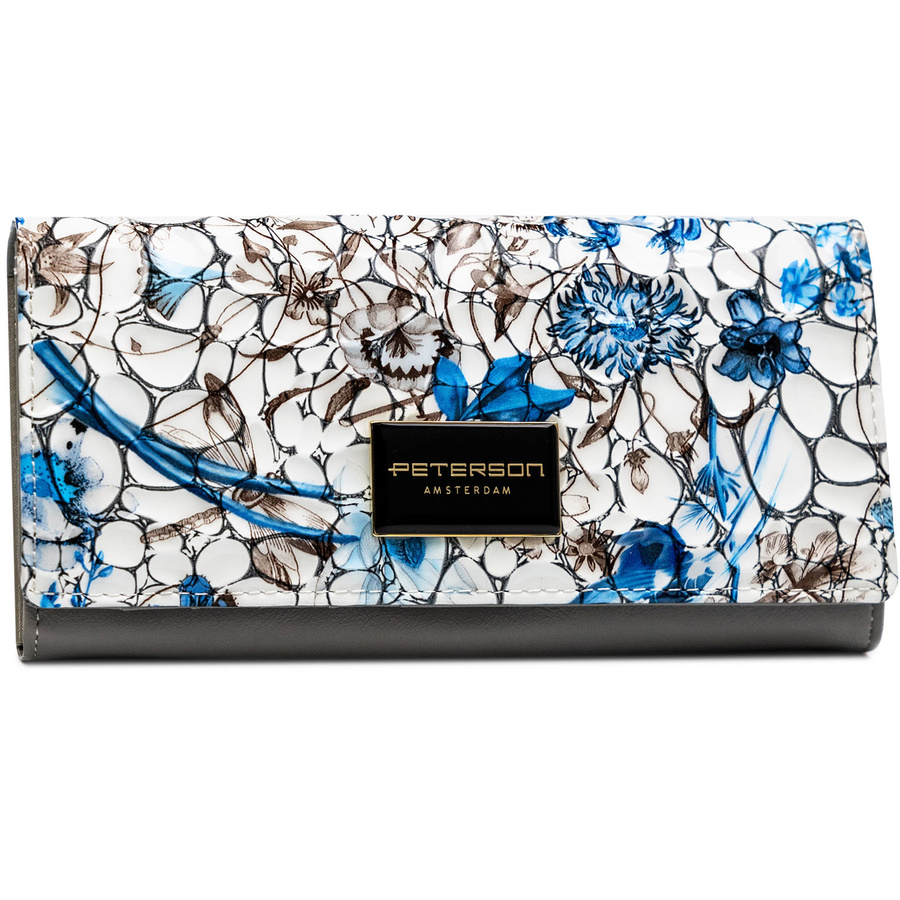 Poziomy portfel damski w kwiatowy wzór z wewnętrzną kieszonką na suwak - Peterson