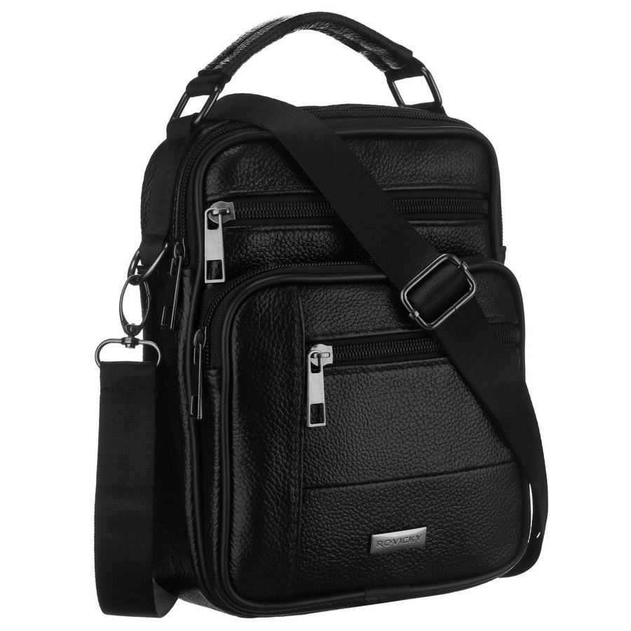 Czarna listonoszka męska wykonana ze skóry naturalnej, zamykana suwakiem - Rovicky