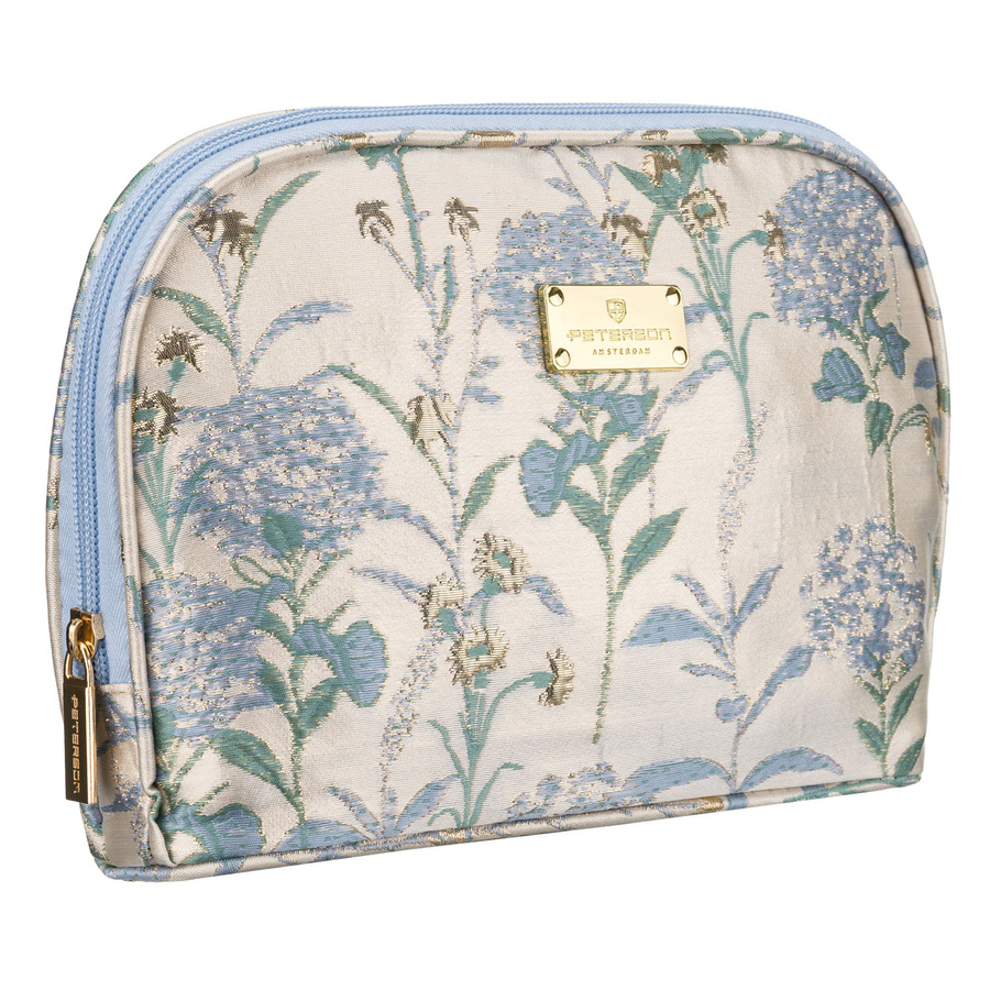 Błękitno-beżowa kosmetyczka podróżna z materiału syntetycznego zdobiona kwiatami - Peterson