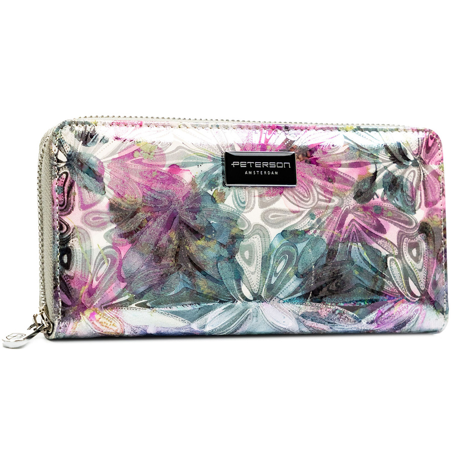 Portfel damski w typie piórnika w kolorowe kwiaty, wykonany ze skóry naturalnej i ekologicznej - Peterson