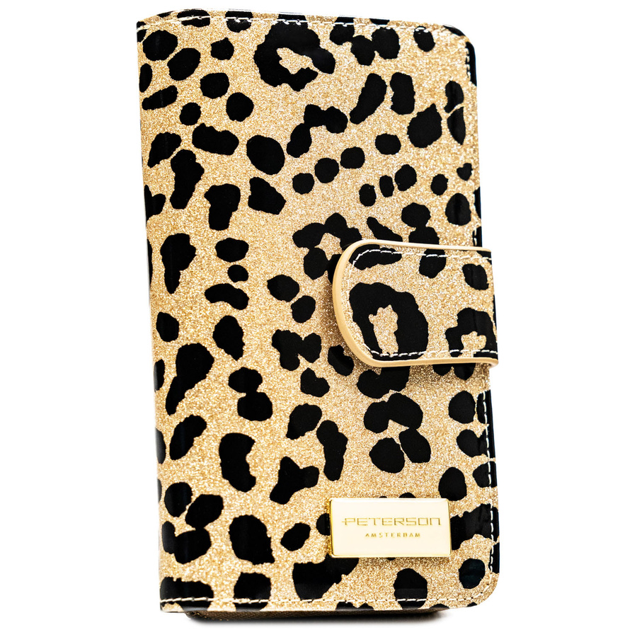 Złoty, pionowy portfel damski ze skóry ekologicznej i naturalnej w cętki, wyposażony w system RFID - Peterson