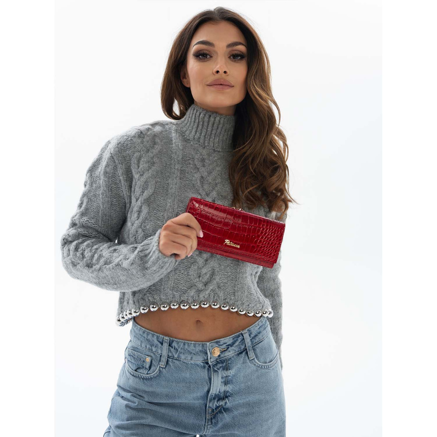 Lakierowany portfel damski we wzór skóry krokodyla w czerwonym kolorze - Peterson