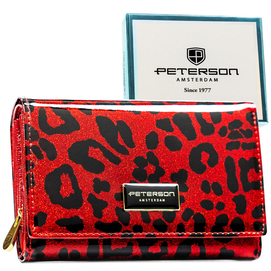 Portfel damski ze skóry ekologicznej i naturalnej w czerwonym kolorze z kieszenią zewnętrzną - Peterson
