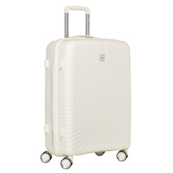 Beżowa walizka podróżna w średnim rozmiarze z teleskopowym uchwytem i kółkami obrotowymi - Peterson