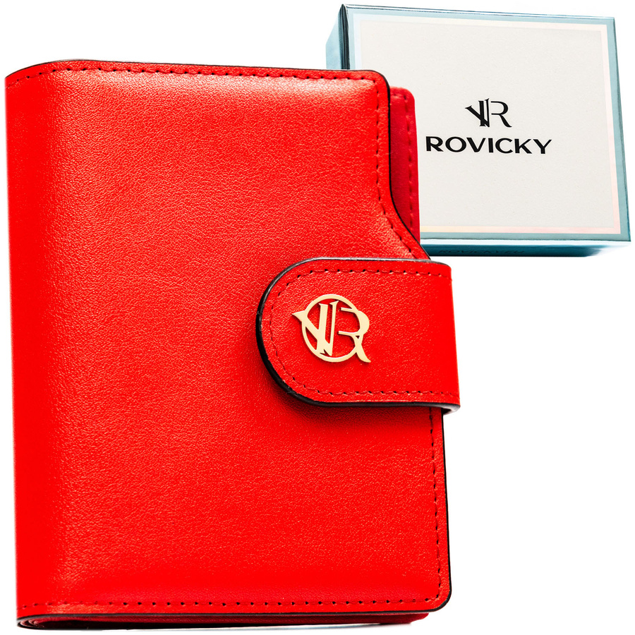 Pionowy portfel damski ze skóry ekologicznej w czerwonym kolorze, zamykany na zatrzask i suwak - Rovicky