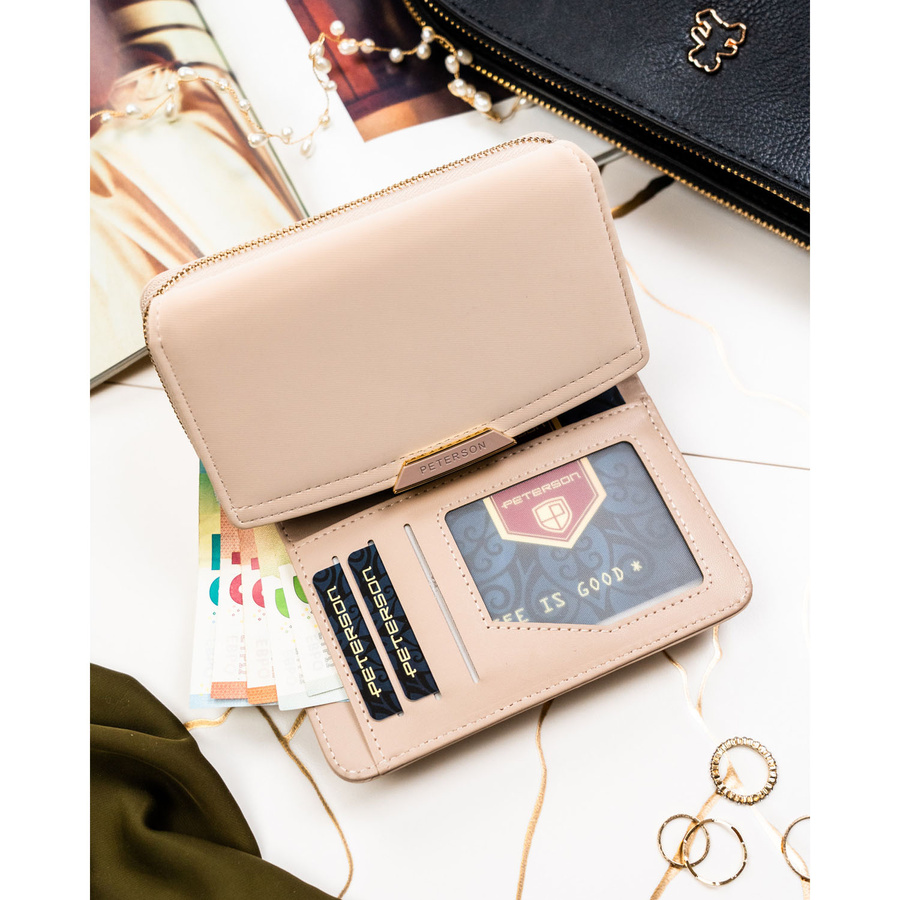 Beżowy portfel damski ze skóry ekologicznej w orientacji poziomej - Peterson