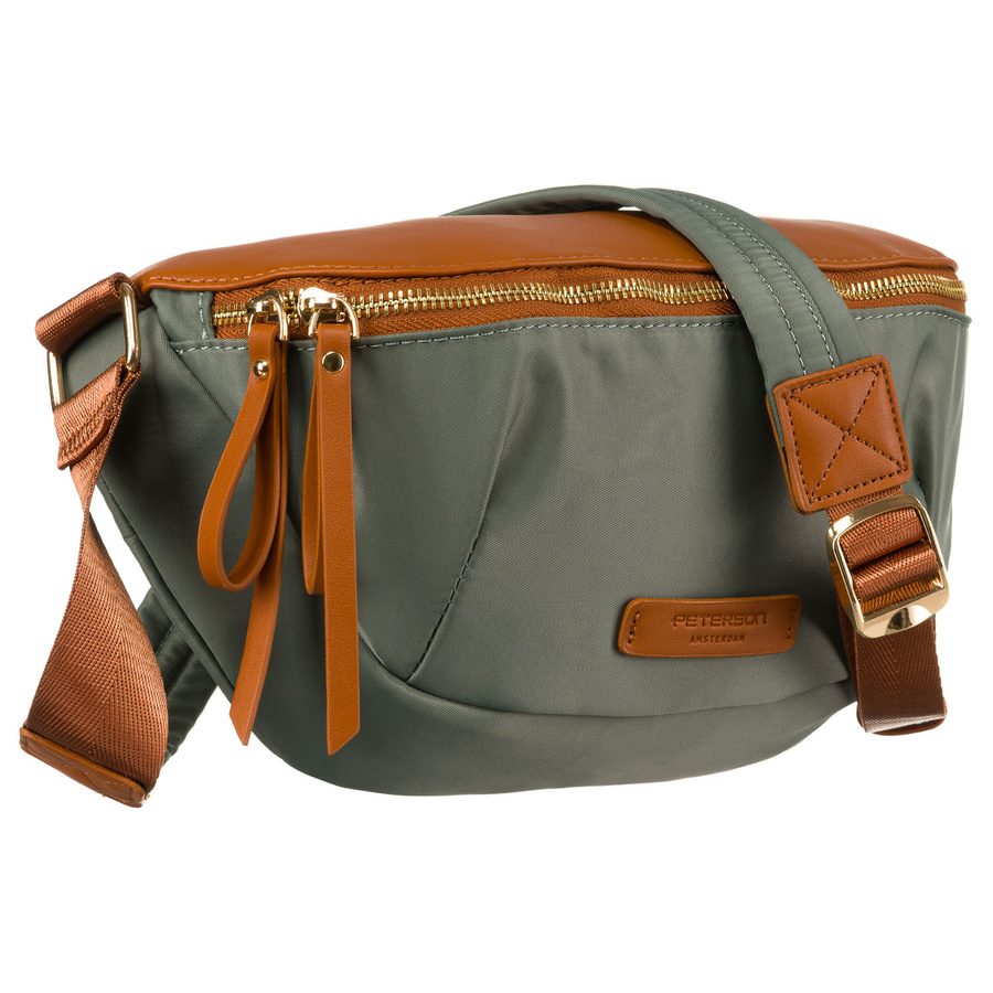 Nerka damska z nylonu i skóry ekologicznej w zielono-brązowym kolorze zawieszona na regulowanym pasku - Peterson