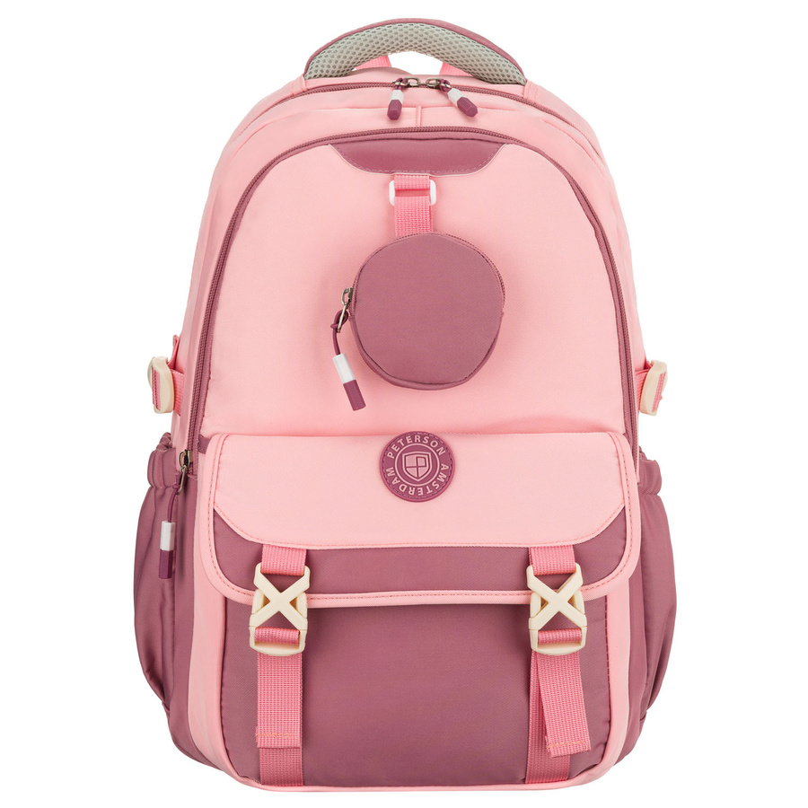 Pojemny plecak szkolny z poliestru w różowym kolorze zawieszony na regulowanych szelkach - Peterson