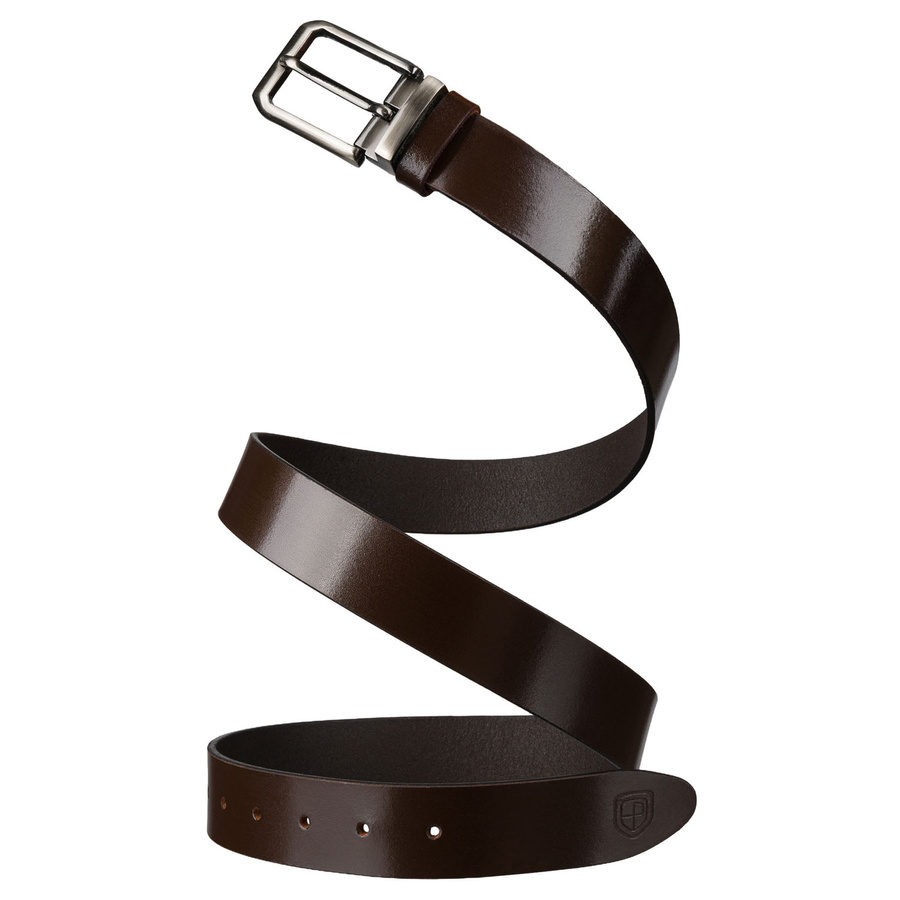 Skórzany, elegancki pasek męski w brązowym kolorze ze srebrną, klasyczną klamrą - Peterson