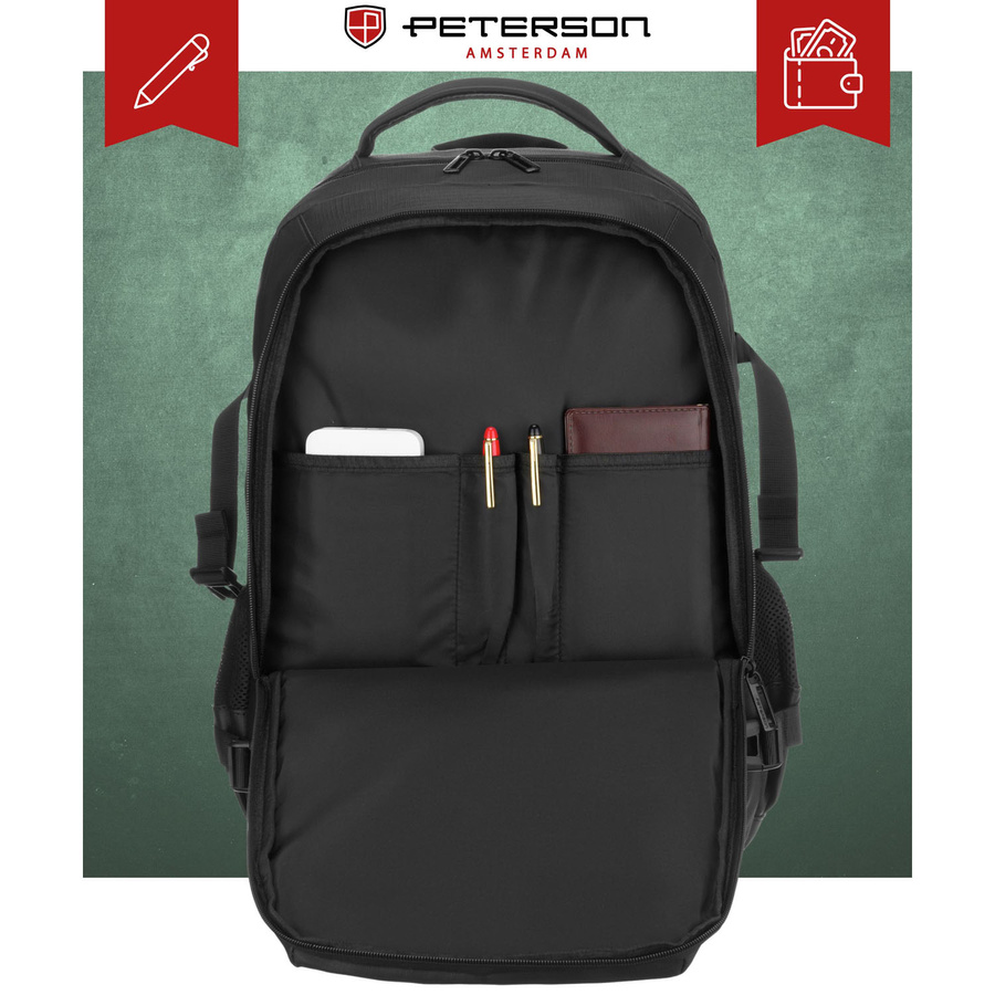 Duży plecak podróżny w czarnym kolorze z miejscem na laptopa, zamykany suwakiem - Peterson