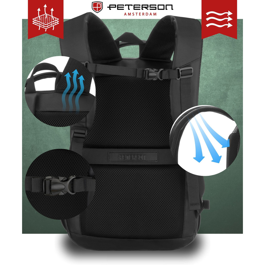 Duży plecak podróżny w czarnym kolorze z miejscem na laptopa, zamykany suwakiem - Peterson