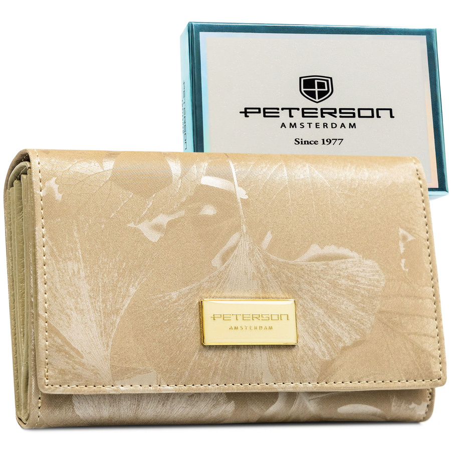 Duży portfel damski ze skóry naturalnej i ekologicznej w beżowym kolorze z zewnętrzną kieszenią - Peterson