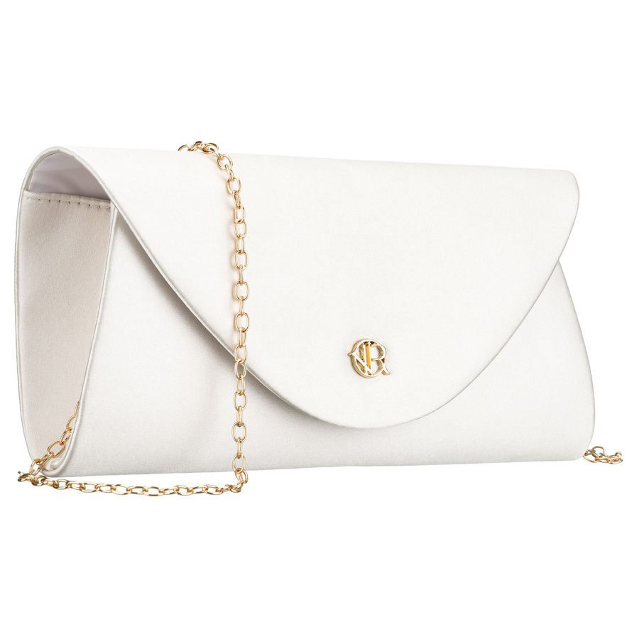 Biała kopertówka damska wykonana z tkaniny syntetycznej zawieszona na łańcuszku - Rovicky