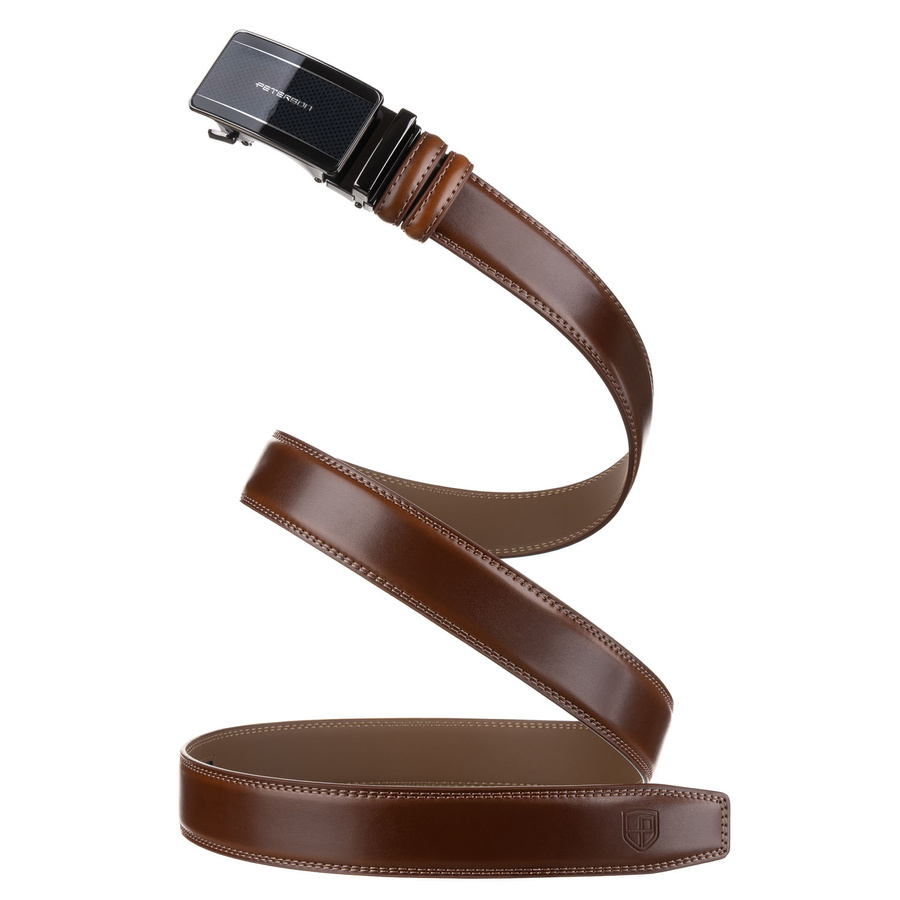 Brązowy pasek męski z automatyczną klamrą wykonany ze skóry naturalnej - Peterson