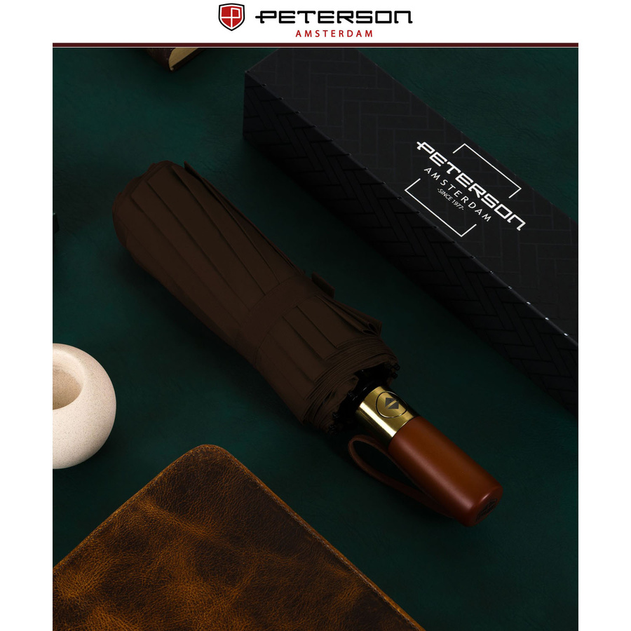 Duży, elegancki i składany parasol w brązowym kolorze - Peterson