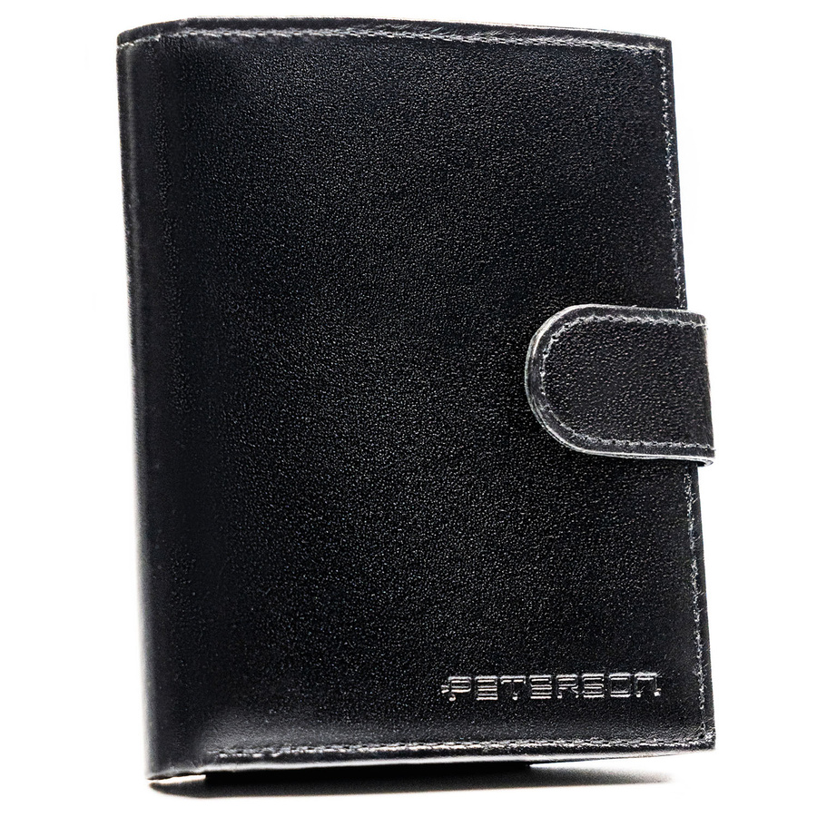 Portfel męski ze skóry naturalnej w czarnym kolorze z systemem RFID i w zestawie z brelokiem - Peterson