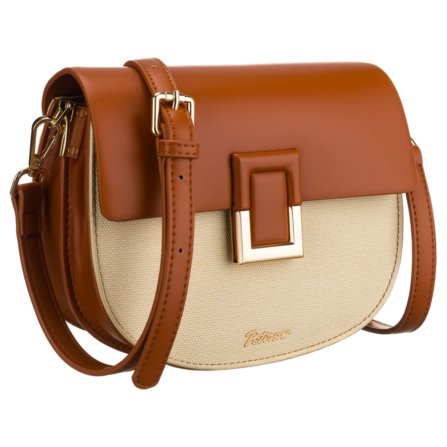 Mała torebka damska w kształcie podkówki w kolorach ecru i brązowym, zamykana klipsem magnetycznym - Peterson