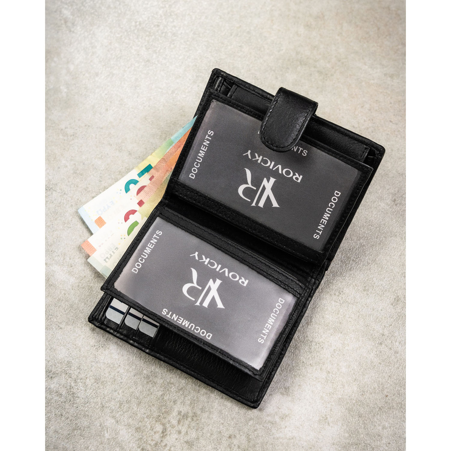 Czarny portfel męski ze skóry naturalnej mieszczący dowód rejestracyjny i wyposażony w system RFID - Rovicky