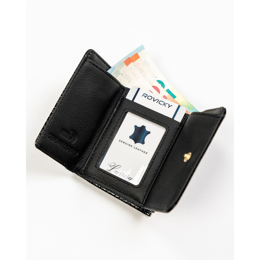 Mały, czarny portfel damski ze skóry naturalnej z systemem RFID - Rovicky