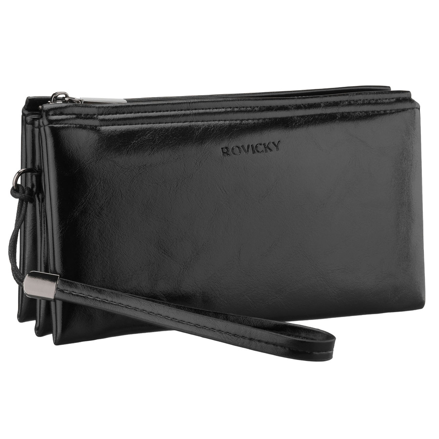 Saszetka męska ze skóry ekologicznej w czarnym kolorze, wyposażona w uchwyt na rękę - Rovicky