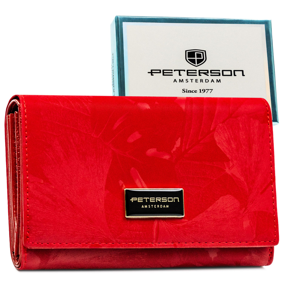 Czerwony, duży portfel damski ze skóry naturalnej i ekologicznej zamykany na zatrzask - Peterson