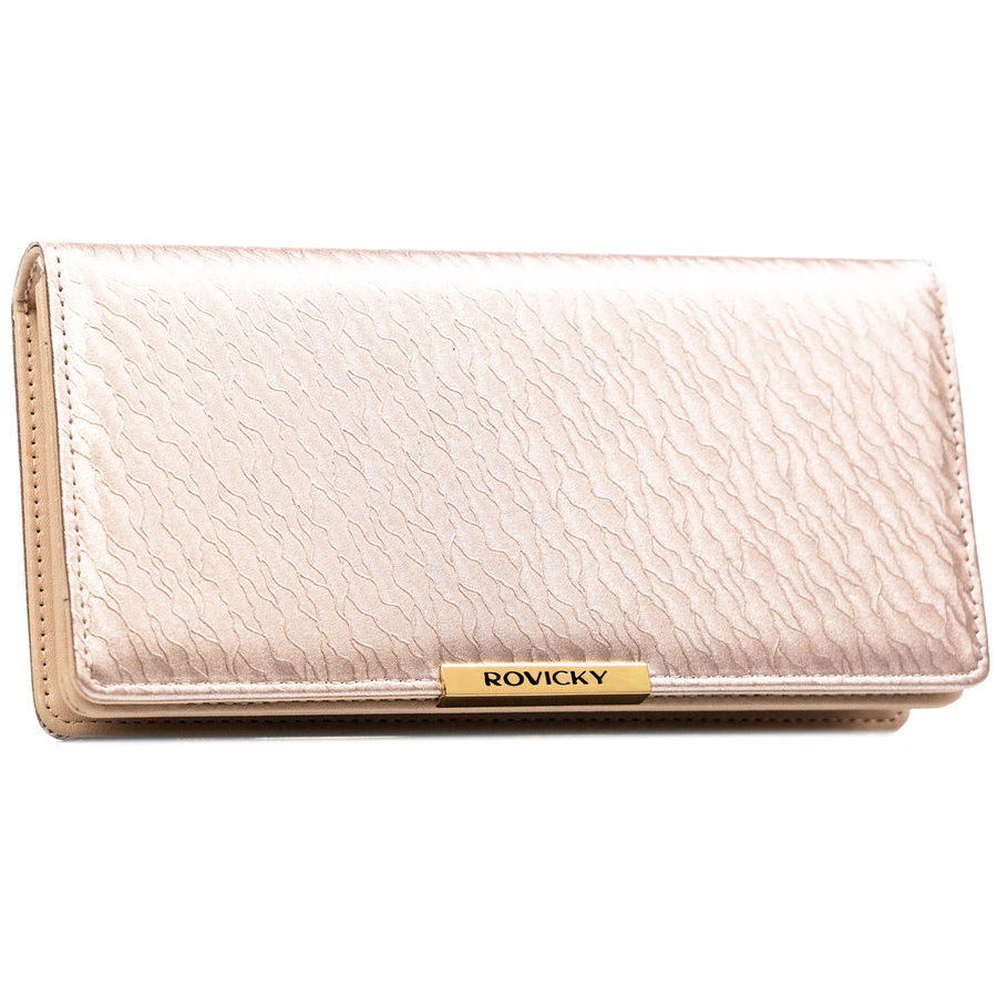 Duży, beżowy portfel damski ze skóry ekologicznej wyposażony w system RFID - Rovicky