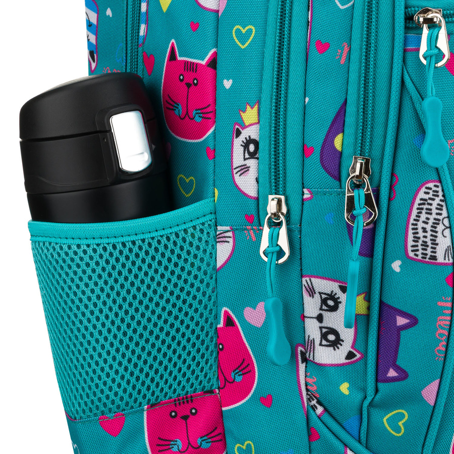 Młodzieżowy plecak szkolny odszyty z poliestru pokryty uroczym wzorem w kotki - Peterson