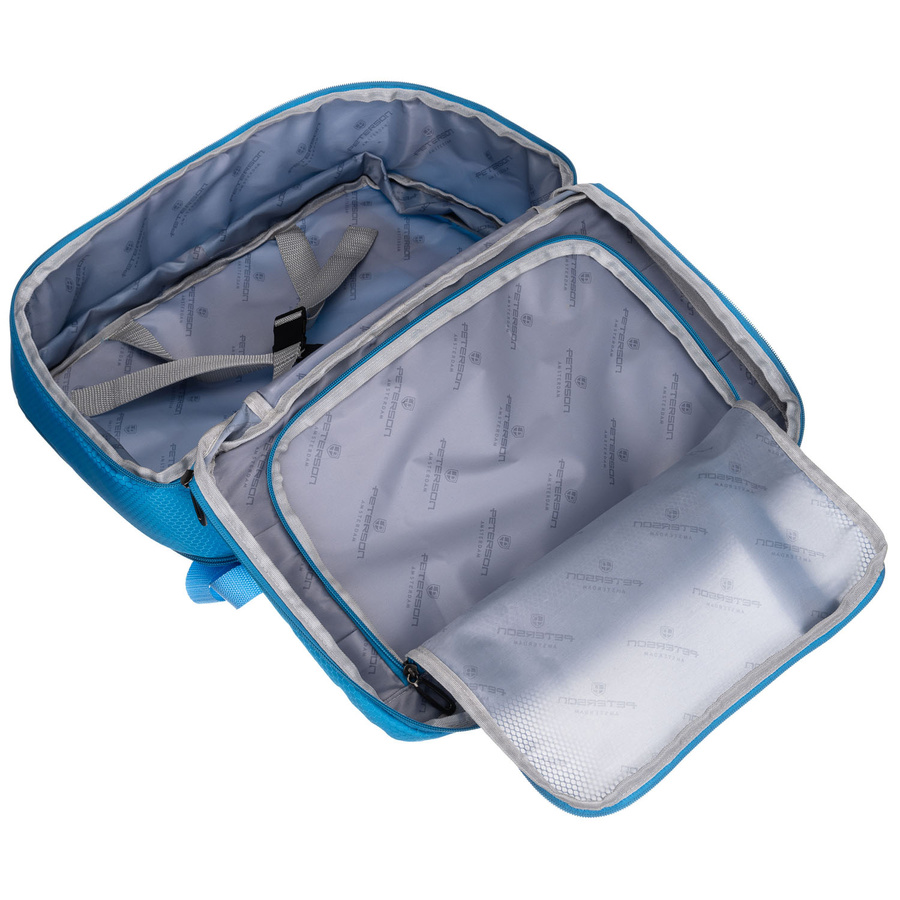 Podróżny plecak z poliestru w niebieskim kolorze wyposażony w oddychające szelki - Peterson