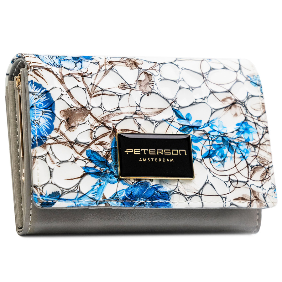 Portfel damski ze skóry naturalnej w niebieskim kolorze ozdobiony kwiatowym wzorem - Peterson