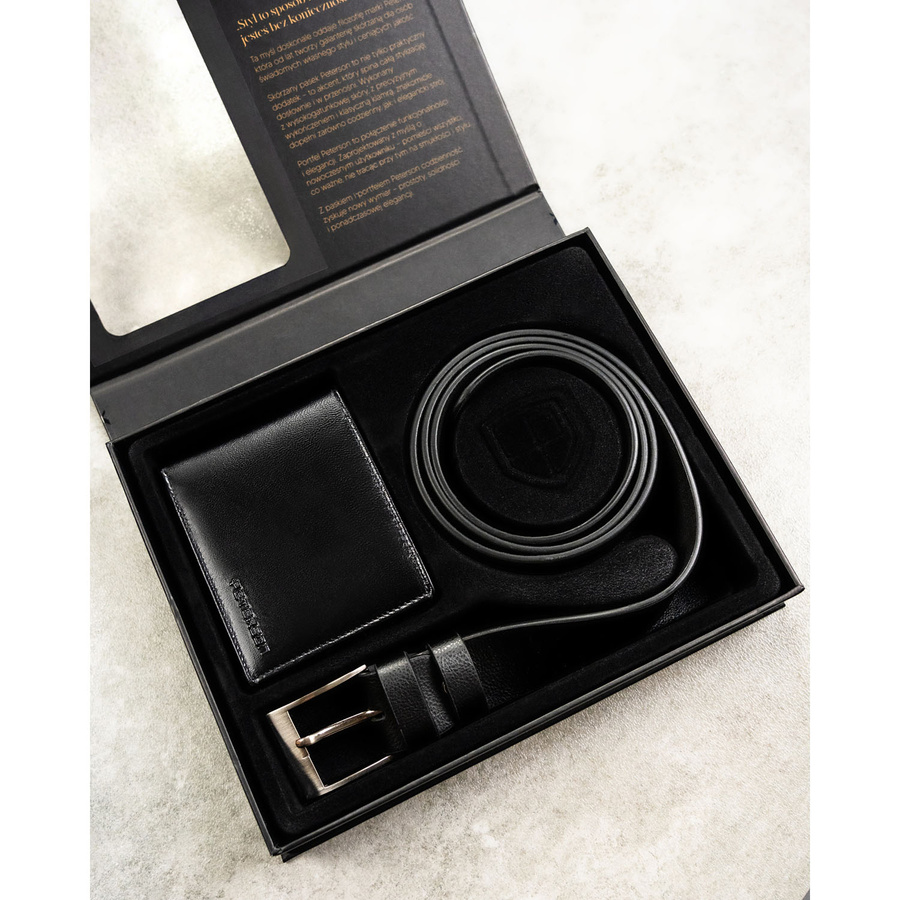 Zestaw prezentowy: skórzany portfel męski w czarnym kolorze z systemem RFID i pasek ze skóry ekologicznej - Peterson