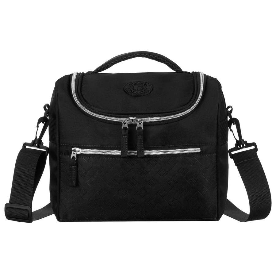 Czarna, praktyczna kosmetyczka podróżna z tkaniny syntetycznej z dopasowanym paskiem - Peterson