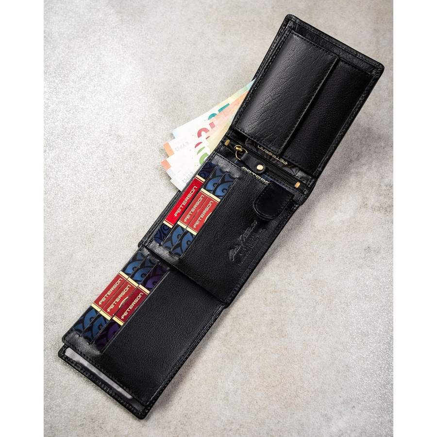 Duży portfel męski ze skóry naturalnej w czarnym kolorze wyposażony w system RFID - Peterson