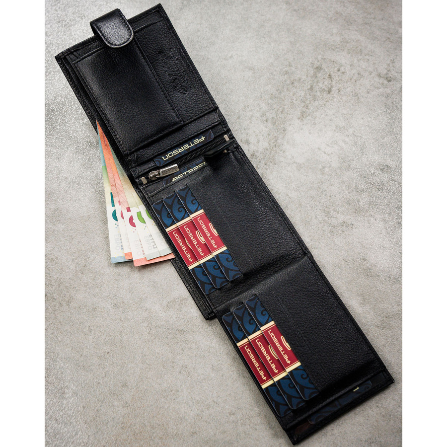 Klasyczny, czarny portfel męski ze skóry naturalnej zamykany zatrzaskiem - Peterson