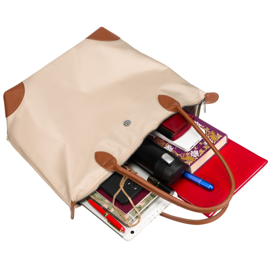 Beżowa shopperka damska wykonana z poliestru, zawieszona na dwóch uchwytach - Peterson