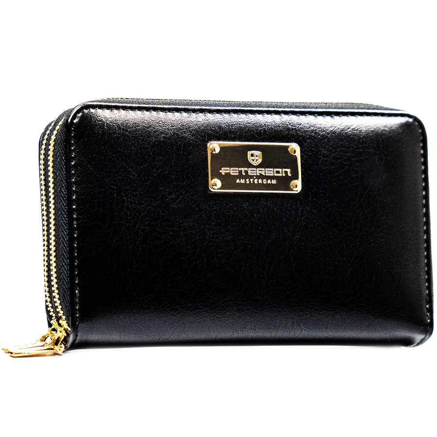Czarny portfel damski w typie piórnika ze skóry ekologicznej wyposażony w system RFID - Peterson