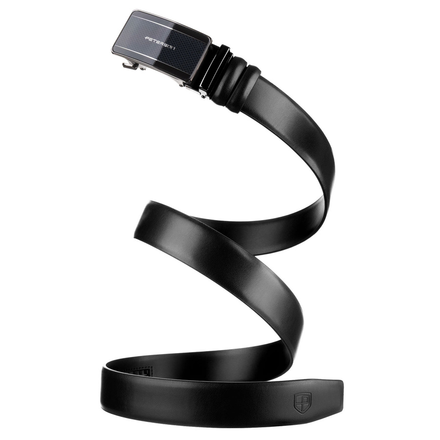 Czarny pasek męski z automatyczną klamrą wykonany ze skóry naturalnej - Peterson