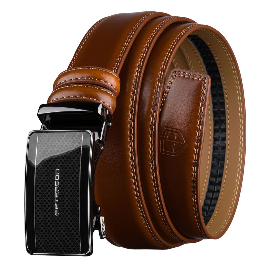 Brązowy pasek męski z automatyczną klamrą wykonany ze skóry naturalnej - Peterson