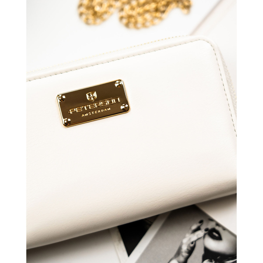 Portfel damski w typie piórnika ze skóry ekologicznej w białym kolorze, wyposażony w system RFID - Peterson