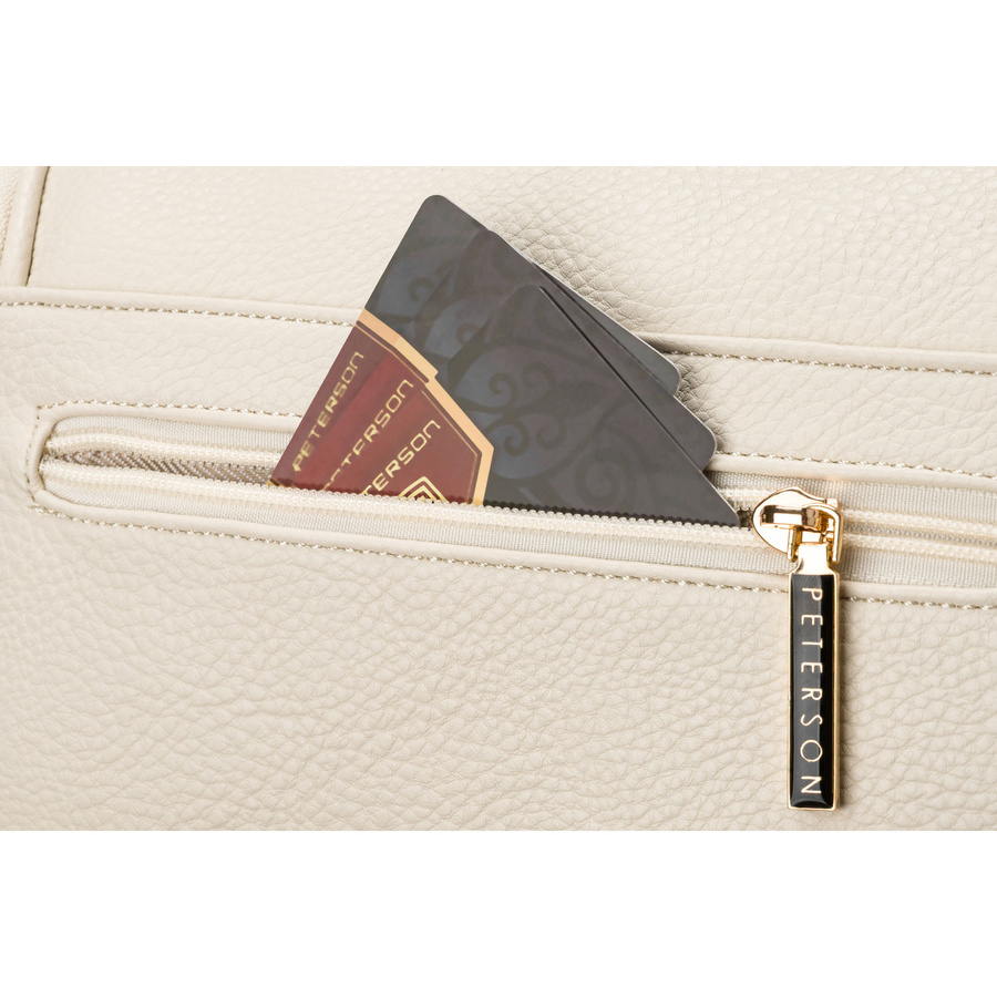 Saszetka damska ze skóry ekologicznej w jasnobeżowym kolorze, zamykana suwakiem - Peterson