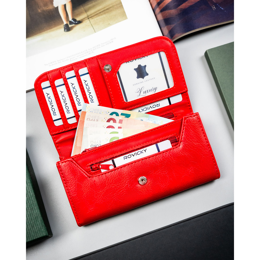 Czerwony, duży portfel damski ze skóry ekologicznej zamykany zatrzaskiem - 4U Cavaldi